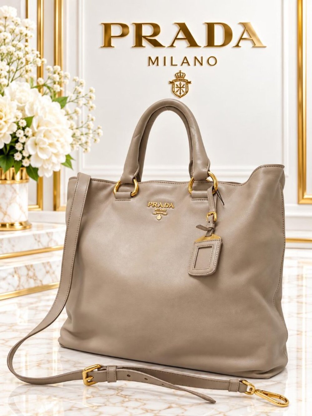 Authentic Prada Vitello Leather Tote Shoulder Bag Gold Hardware